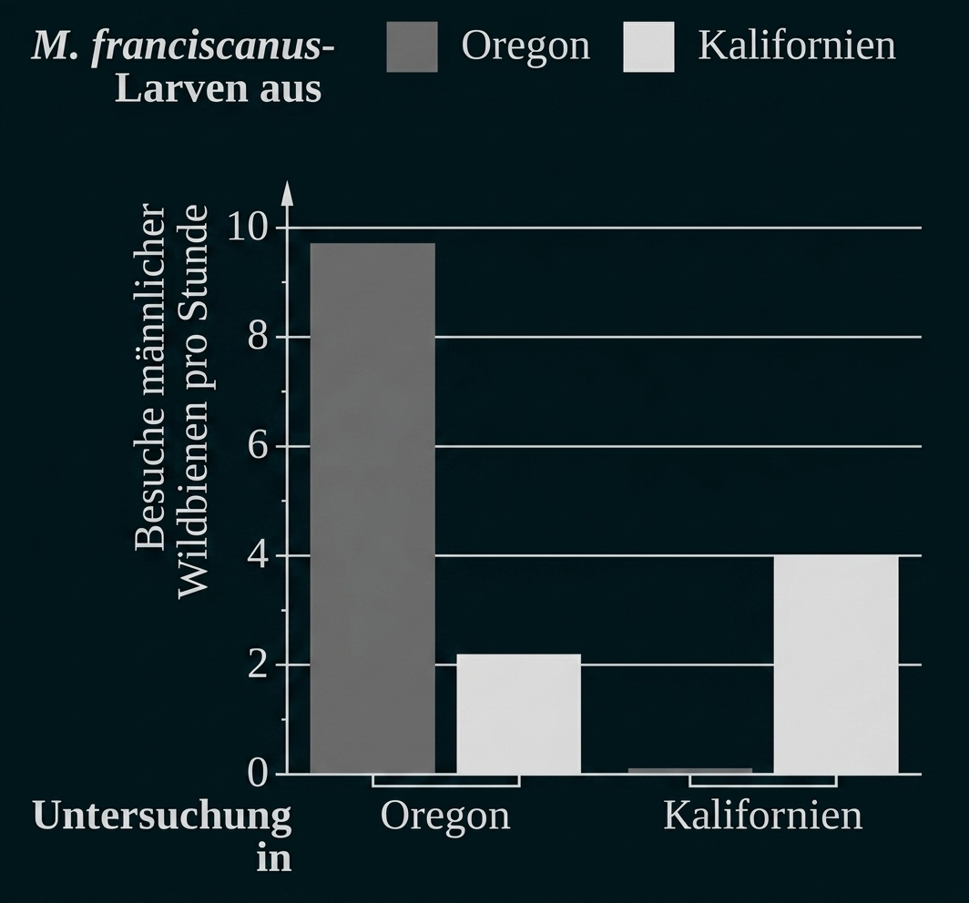 Balkendiagramm zu männlichen Besuchen pro Stunde bei M. franciscanus-Larven in Oregon und Kalifornien.